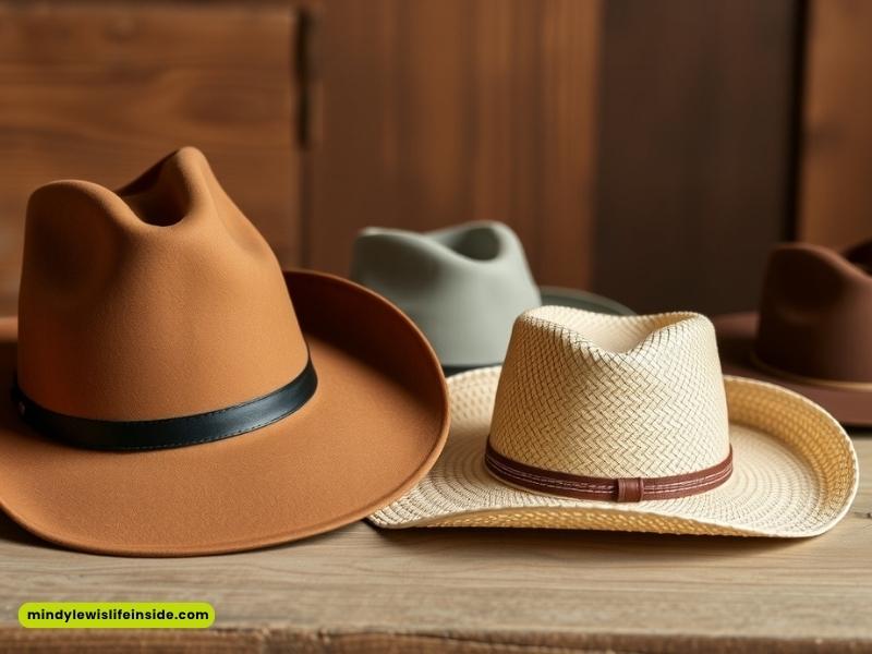 Three cowboy hats made of felt and straw displayed on a wooden table, showcasing different styles and materials.