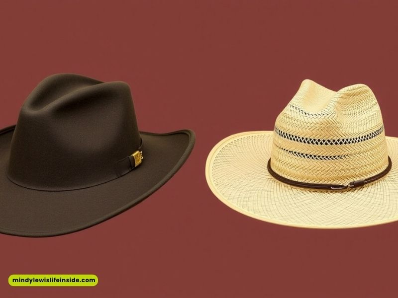 Two cowboy hats, one felt and one straw, displayed on a rich brown background