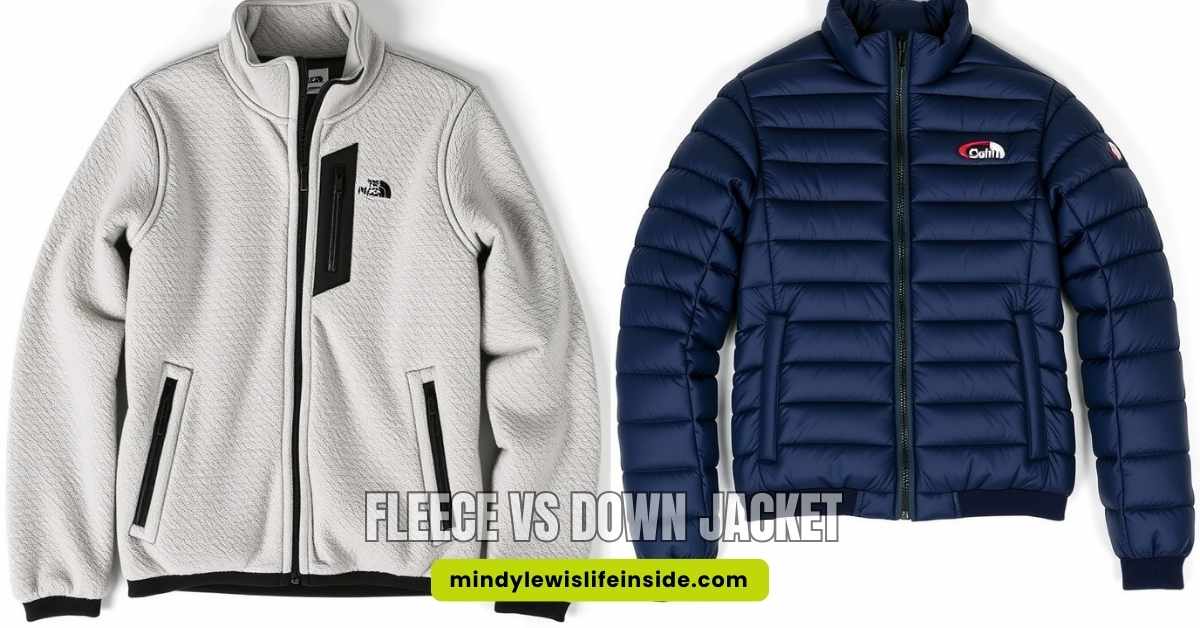 Alt text: "Two jackets side by side on a white background. Left is a light gray fleece jacket with black zippers; right, a dark blue down jacket. Text reads 'Fleece vs Down Jacket' and website 'mindylewislifeinside.com' below."