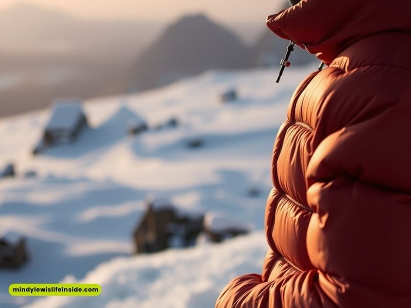 A person in a red jacket stands atop a snowy mountain, showcasing the contrast between fleece and down jackets.