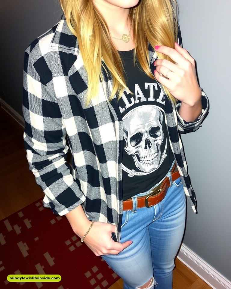 A woman dressed in ripped jeans and a black t-shirt, representing trendy concert outfit ideas.