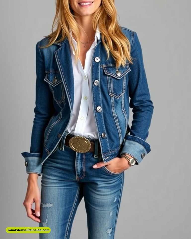 A woman in a denim jacket and jeans, styled for a concert, showcasing a casual yet trendy outfit idea.