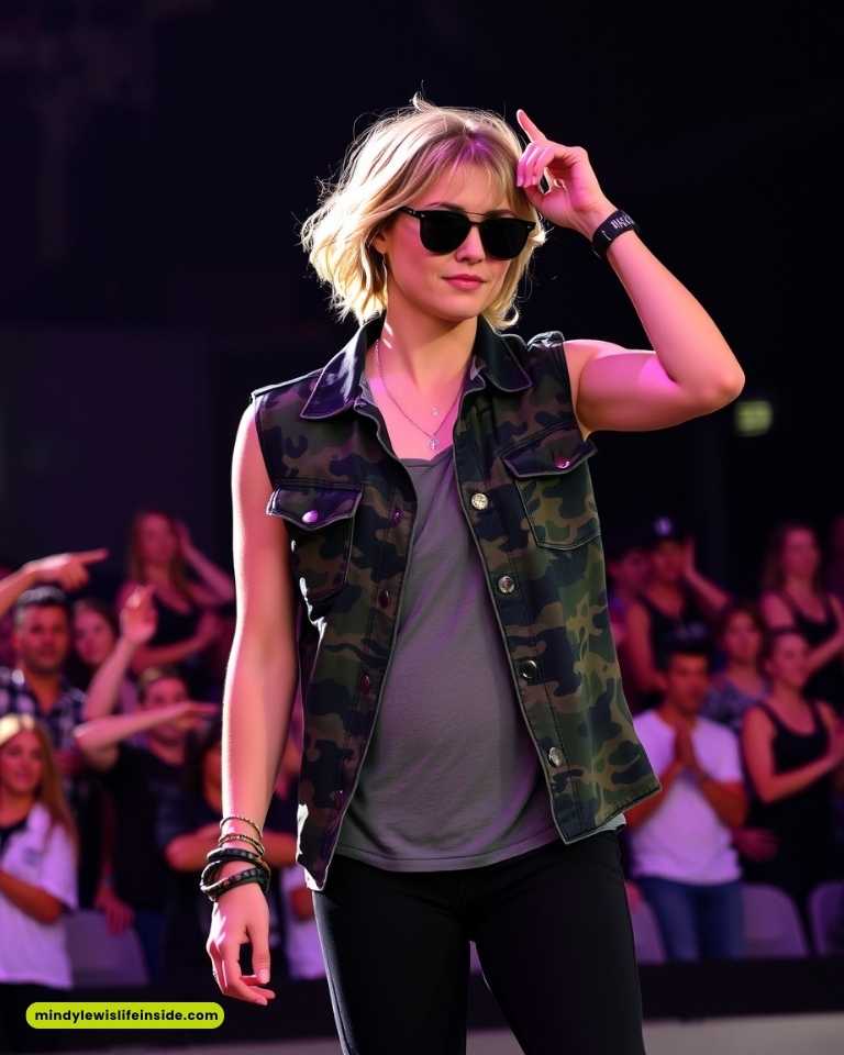 A woman in a camo vest and sunglasses confidently walks down a runway, showcasing a trendy concert outfit idea.
