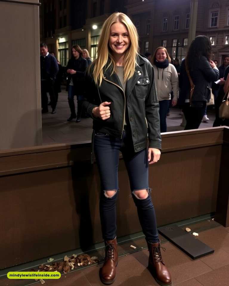 A woman in ripped jeans and a leather jacket poses confidently for a photo, showcasing a stylish concert outfit.