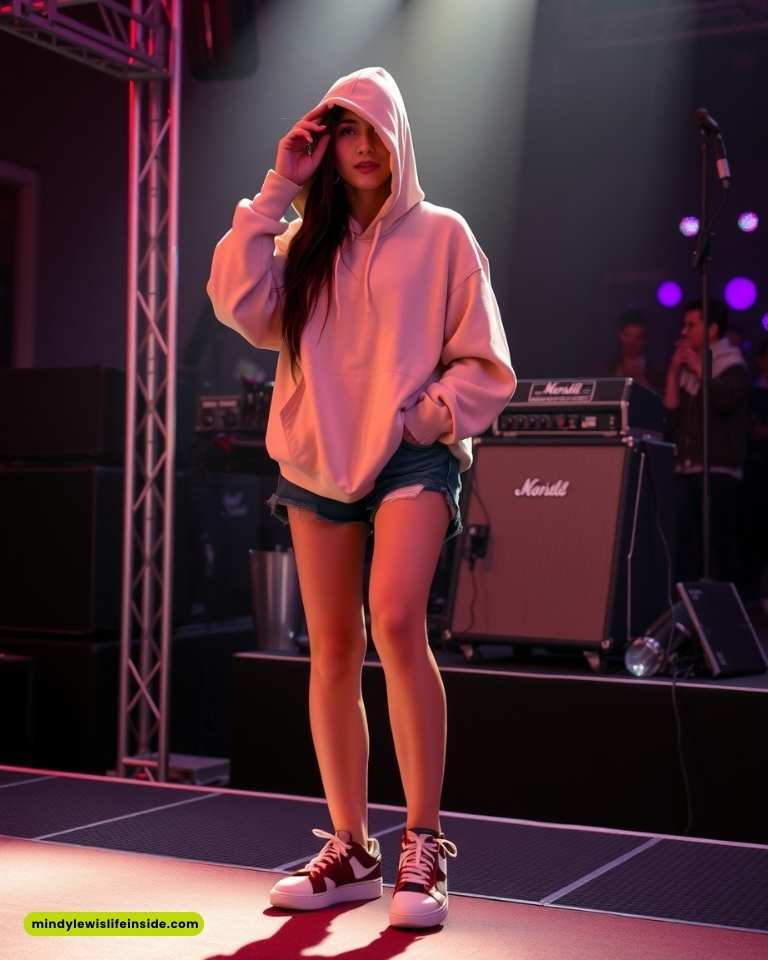 A woman in a hoodie and shorts stands on stage, exemplifying trendy concert outfit ideas for a relaxed vibe.