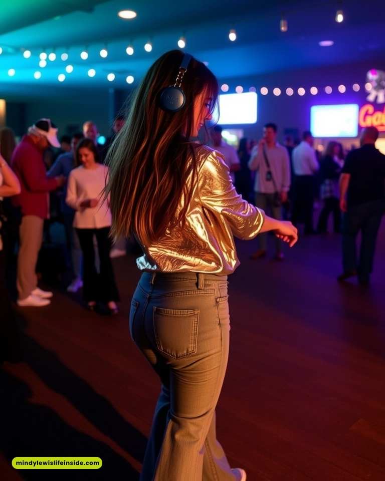 A woman in a gold shirt joyfully dancing at a lively party, showcasing a festive atmosphere.