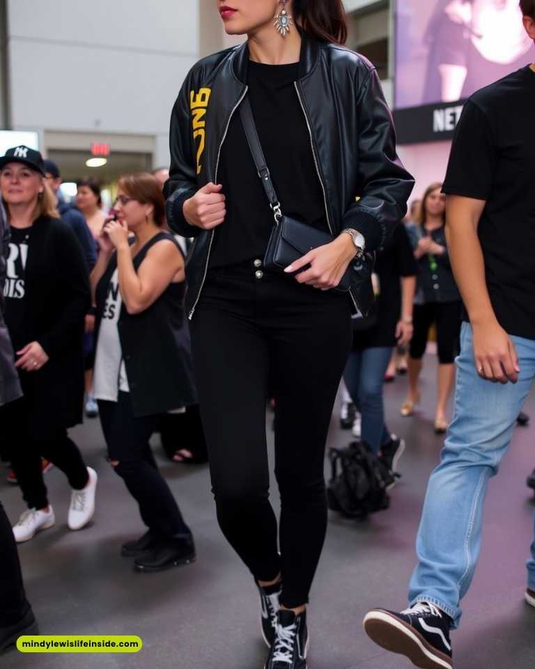 A woman in a black jacket and pants walks through a crowd, showcasing a stylish concert outfit idea.