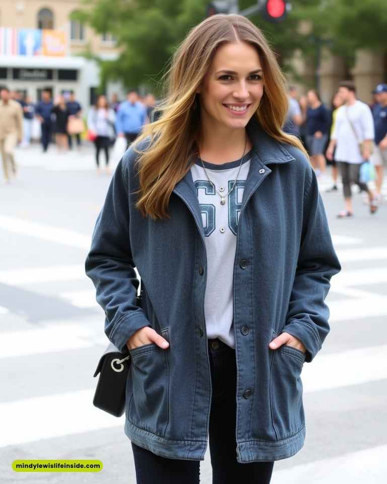 A woman in a blue jacket and jeans walks down the street, showcasing a stylish outfit for a concert.
