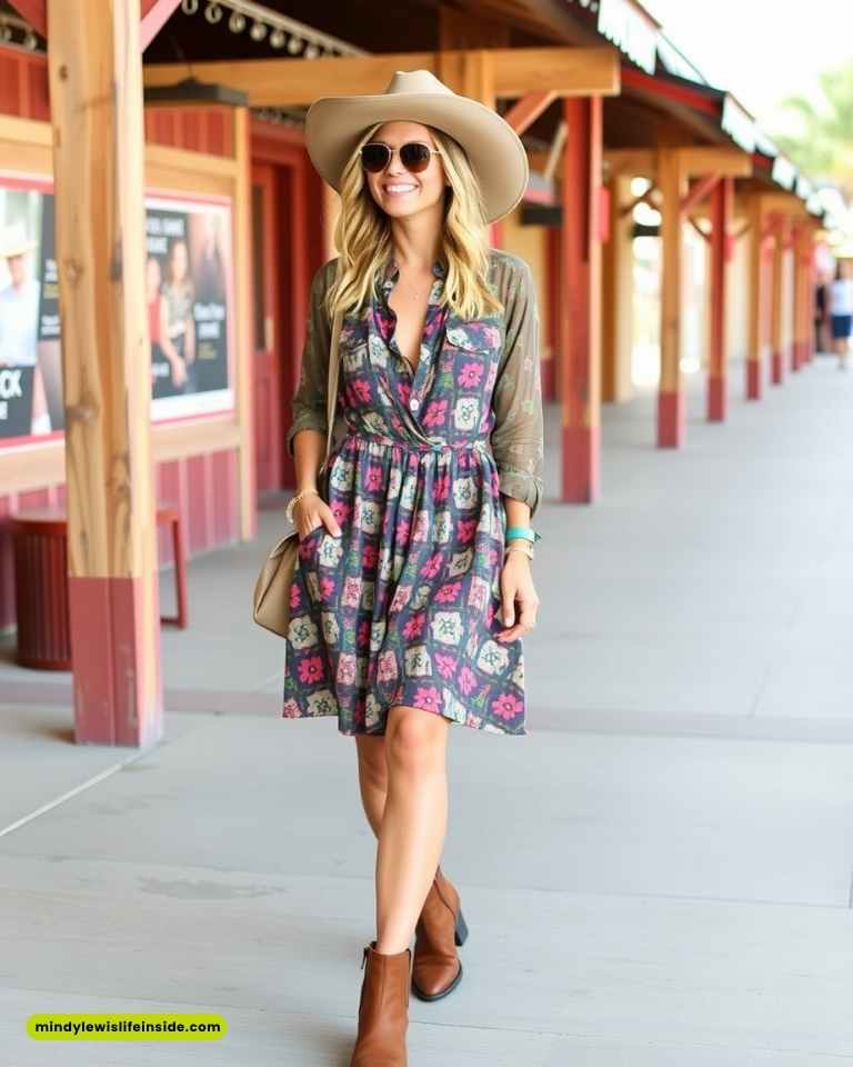 A woman in a floral dress and hat strolls along a sidewalk, showcasing a stylish concert outfit idea.

