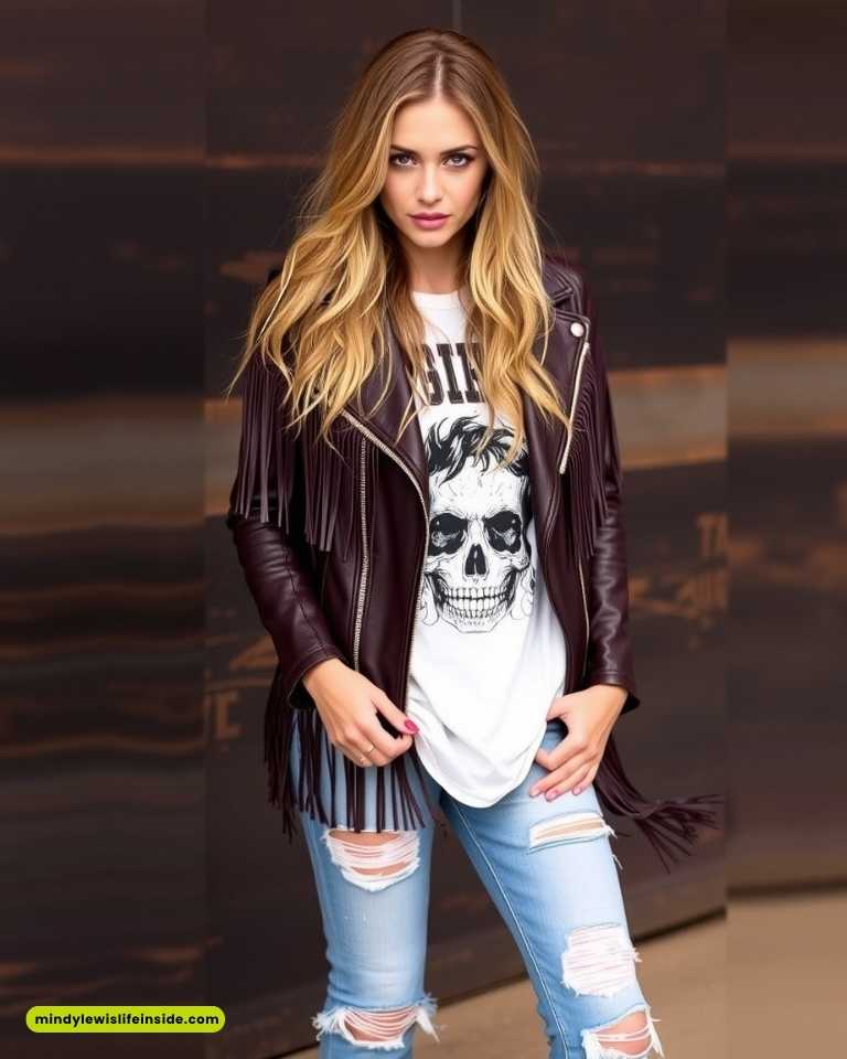 A woman wearing ripped jeans and a leather jacket, showcasing a stylish concert outfit idea.
