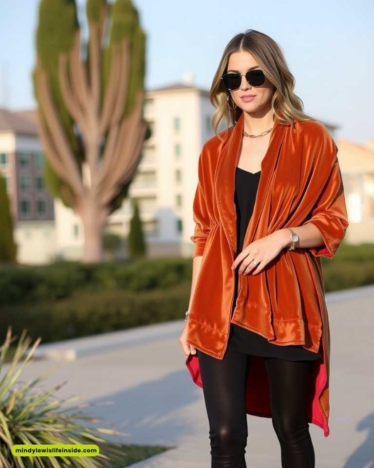 A woman dressed in a red velvet coat and black leggings, embodying a chic hipster fashion statement.
