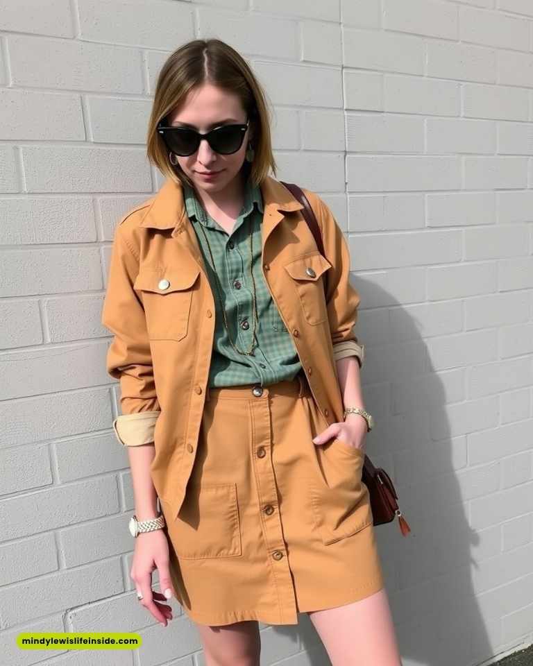 A woman dressed in a mustard jacket and skirt, embodying a trendy hipster fashion style.