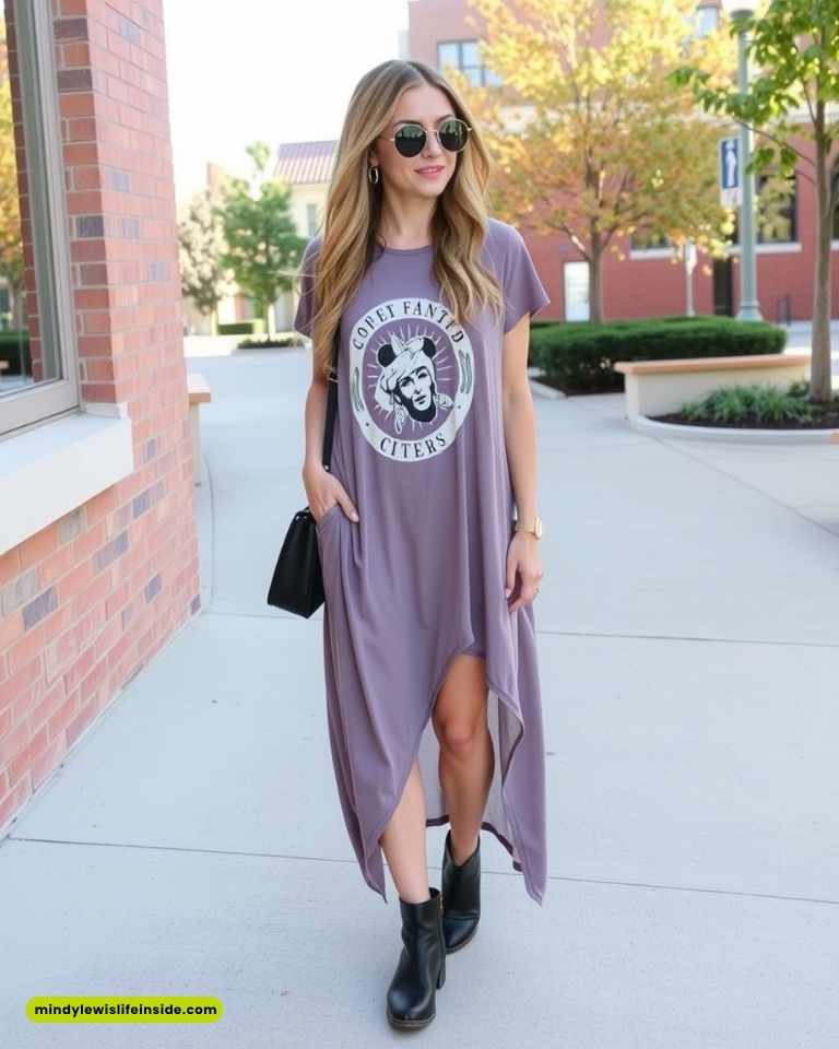 A woman wearing a purple shirt dress and black boots, embodying a chic and fashionable hipster style.
