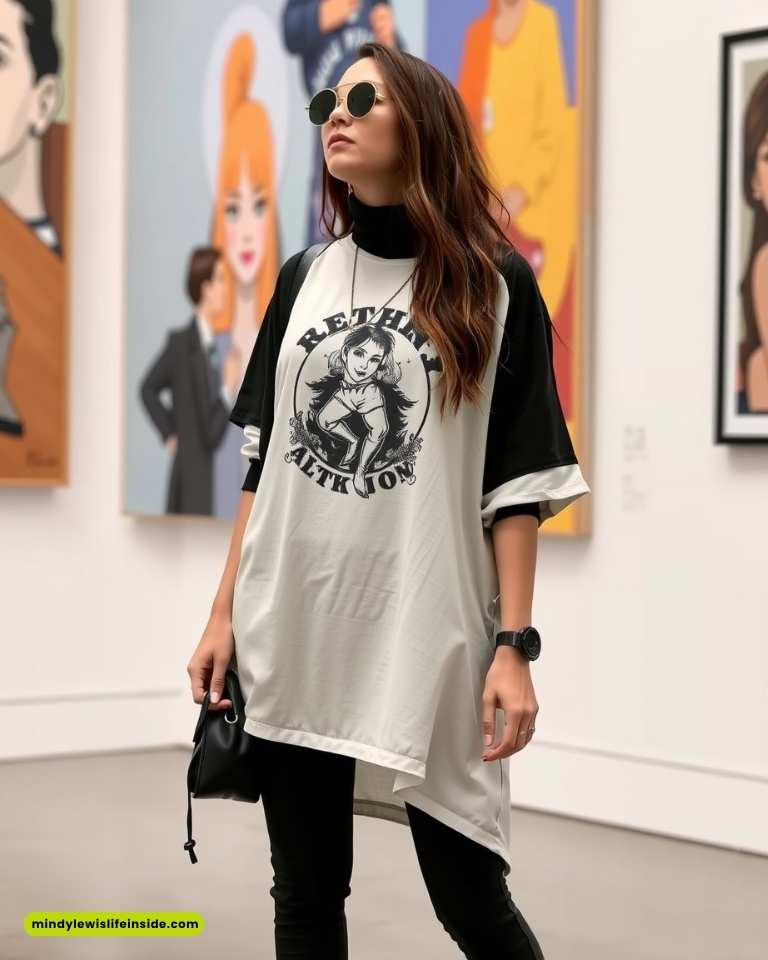 A woman in a t-shirt featuring a cartoon, showcasing a trendy hipster style.