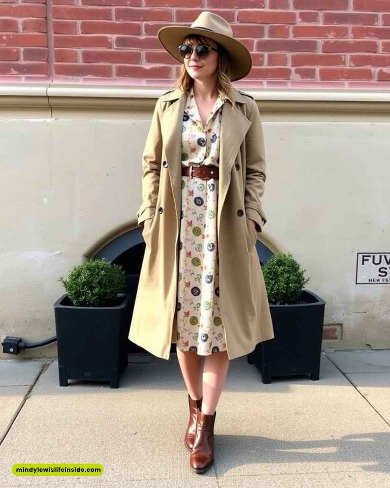 A woman in a stylish hat and trench coat stands confidently on a sidewalk, embodying a hipster fashion vibe.
