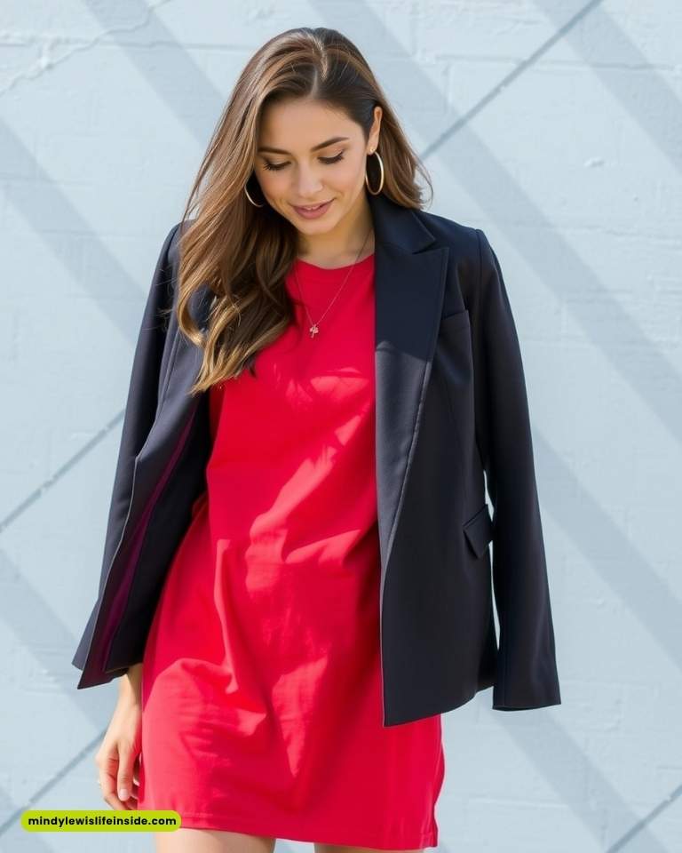 A woman wearing a stylish red dress and jacket, embodying a chic and trendy look.