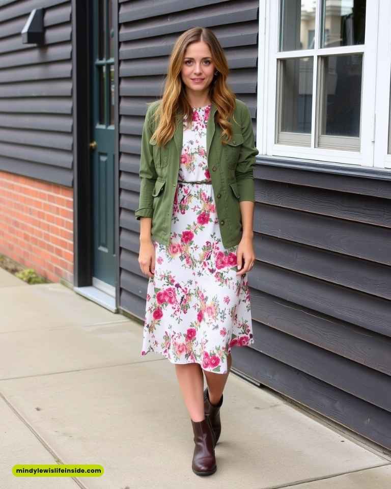 A woman dressed in a floral pattern with a green jacket, embodying a trendy hipster fashion style.