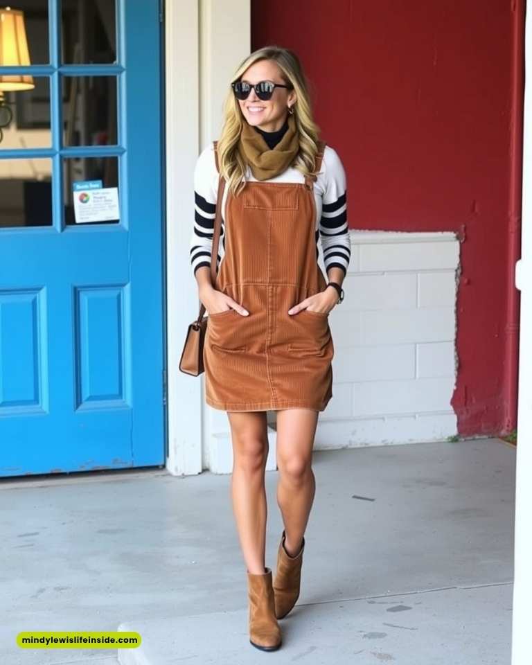A woman in a brown overall dress paired with a striped sweater, showcasing a trendy hipster style.
