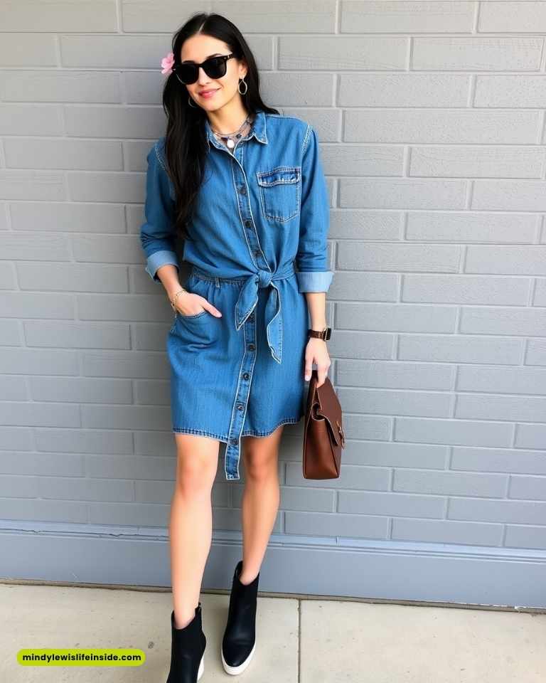 A woman in a denim shirt dress paired with black boots, showcasing a stylish hipster look.