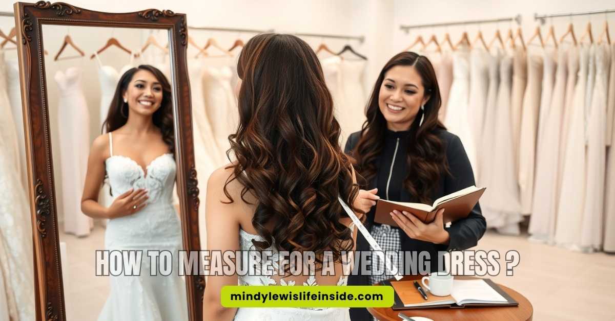 A bride in a white wedding dress stands smiling in front of a mirror while a consultant measures her with a tape. Racks of dresses are in the background.