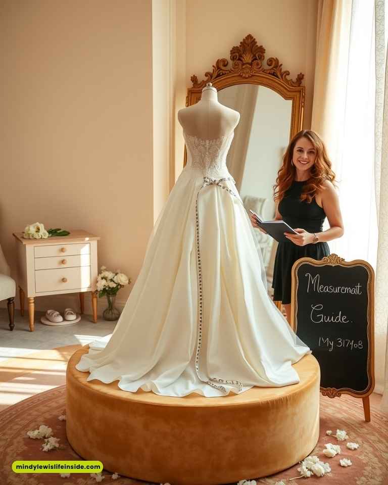 A bridal shop with an elegant white wedding dress on a mannequin, elevated on a round platform. A smiling woman in a black dress holds a tablet. A chalkboard nearby reads "Measurement Guide." The room is warmly lit with floral decor, creating a joyful atmosphere.