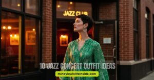 A person in a green dress stands outside a brick jazz club, illuminated by warm lights. The text "10 Jazz Concert Outfit Ideas" is visible.