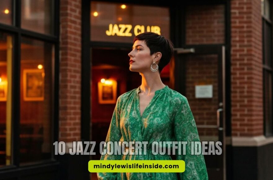 A person in a green dress stands outside a brick jazz club, illuminated by warm lights. The text "10 Jazz Concert Outfit Ideas" is visible.