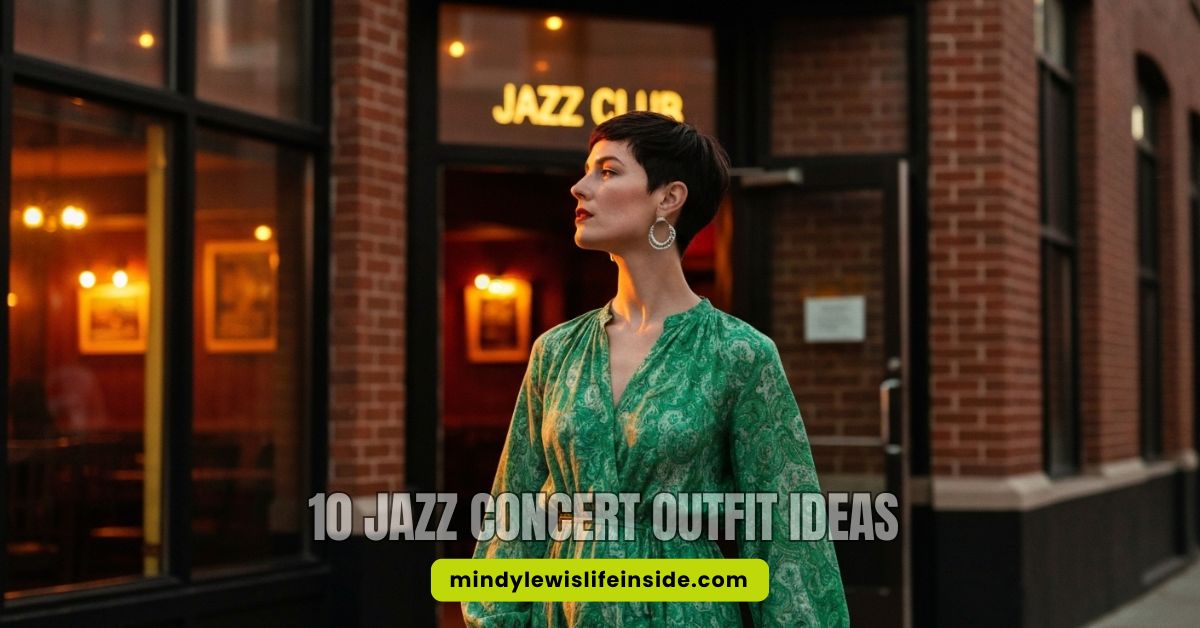 A person in a green dress stands outside a brick jazz club, illuminated by warm lights. The text "10 Jazz Concert Outfit Ideas" is visible.
