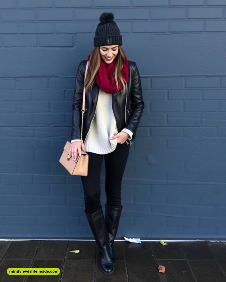 A woman stands against a dark blue brick wall, smiling. She's wearing a black leather jacket, a red scarf, black knit hat, and boots, holding a tan purse.