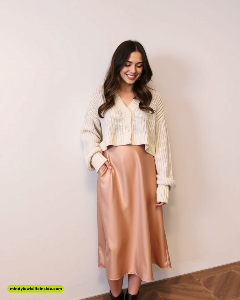 A smiling woman stands against a plain wall, wearing a cream knit sweater and a silky pink skirt. Her relaxed pose conveys warmth and contentment.