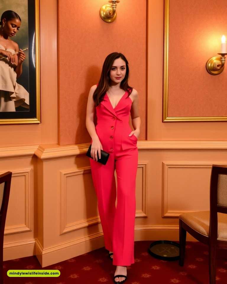 Woman in a bright pink jumpsuit with buttons, holding a clutch, leans confidently against an orange wall with framed art. Room has elegant lighting.