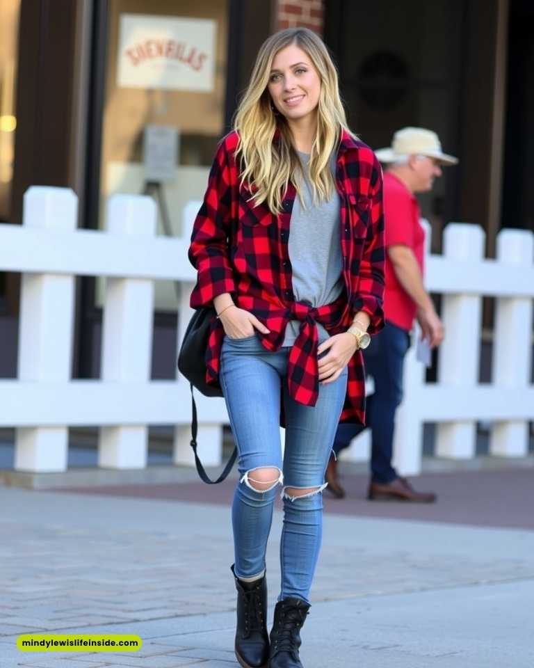A blonde woman dressed in ripped jeans and a plaid shirt, presenting a trendy look for a Journey concert.
