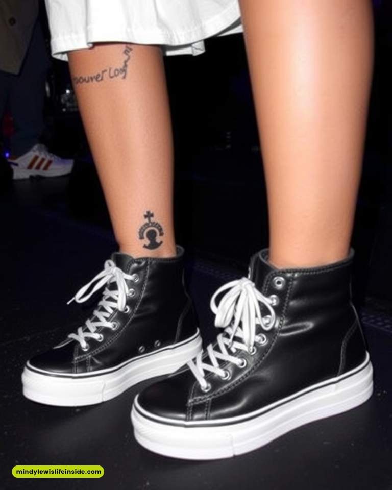 A woman wearing black sneakers displays a tattoo on her leg, featured in Journey concert outfit ideas.