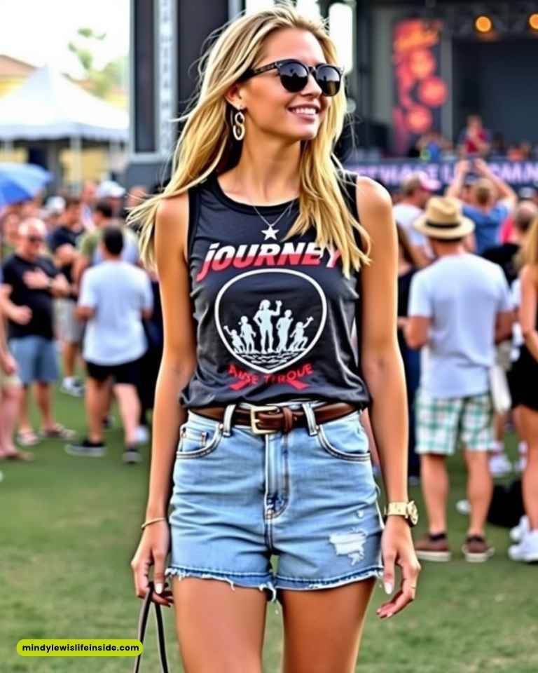  A woman in denim shorts and a t-shirt, showcasing a casual outfit for a Journey concert.