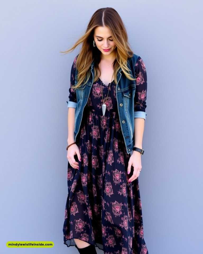 A woman wearing a floral dress paired with a denim vest, showcasing a stylish concert outfit idea.