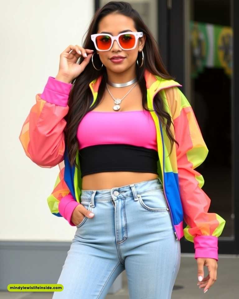 A woman wearing a colorful jacket and jeans, showcasing a stylish outfit for a Journey concert.