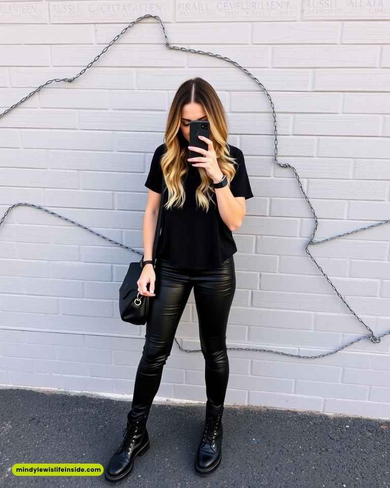 A woman wearing black leather pants and a black top, styled for a Journey concert outfit idea.