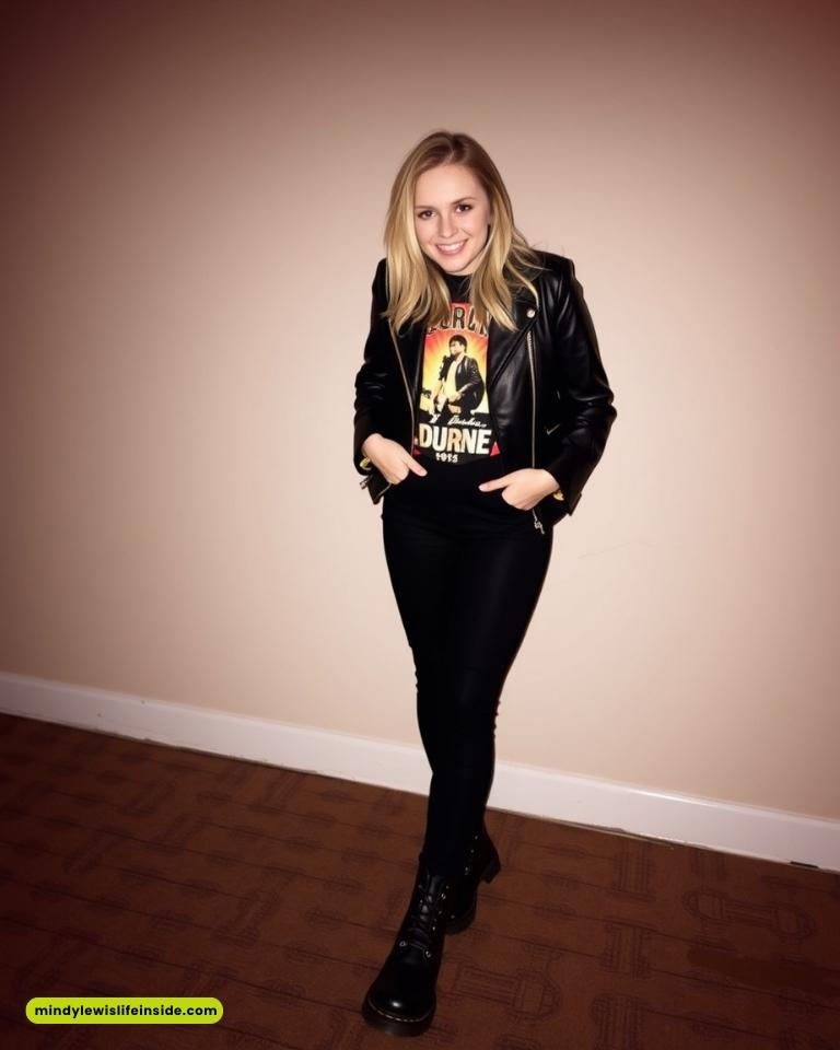 A woman wearing a black leather jacket and jeans poses, presenting a fashionable look for attending a Journey concert.