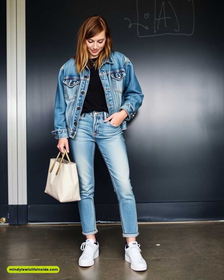 A woman in a denim jacket and jeans poses for a photo, showcasing a stylish outfit idea for a Journey concert.