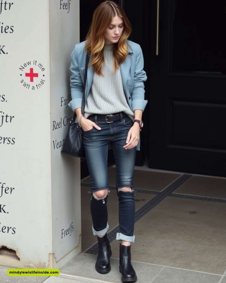 A woman in ripped jeans and a blue jacket, presenting a trendy outfit option for attending a Journey concert.
