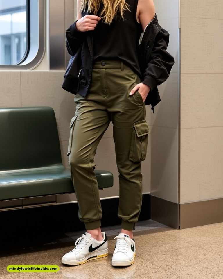 A woman wearing olive cargo pants and a black top, showcasing a stylish outfit idea for a Journey concert.