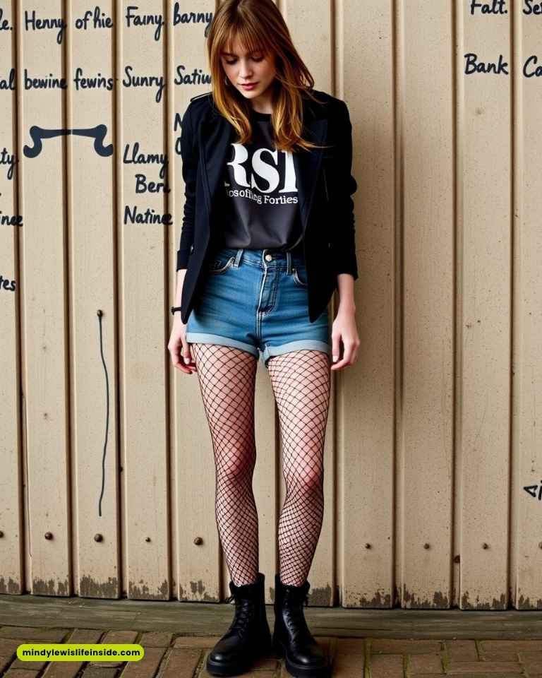 A woman wearing fishnet shorts and a t-shirt, showcasing a stylish outfit idea for a Journey concert.