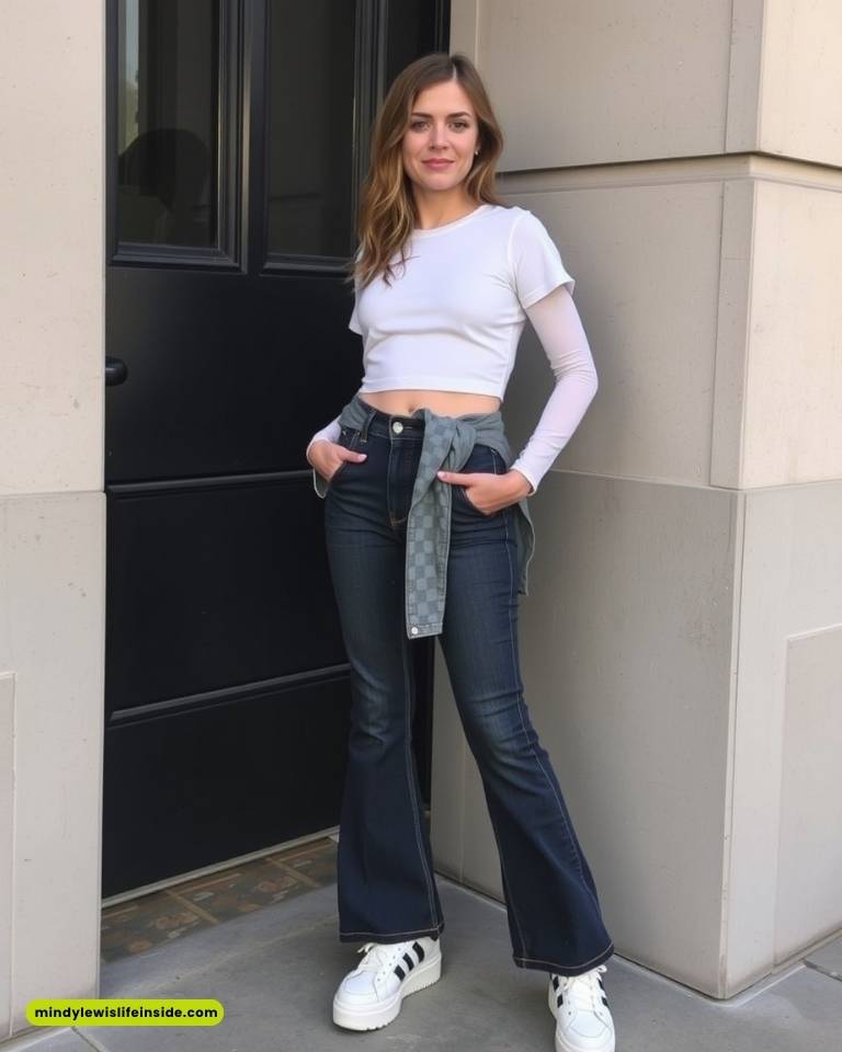 A woman in a white shirt and jeans stands outside, offering inspiration for Journey concert outfit ideas.
