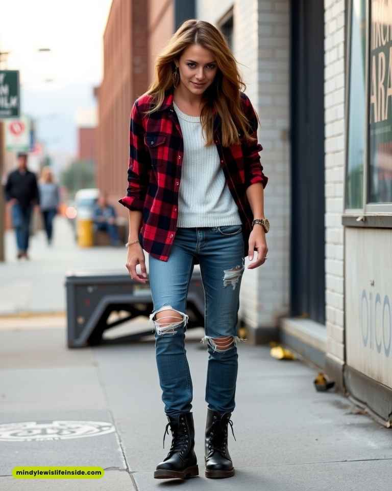 A woman in ripped jeans and a plaid shirt walks down the street, showcasing a casual outfit for a Journey concert.