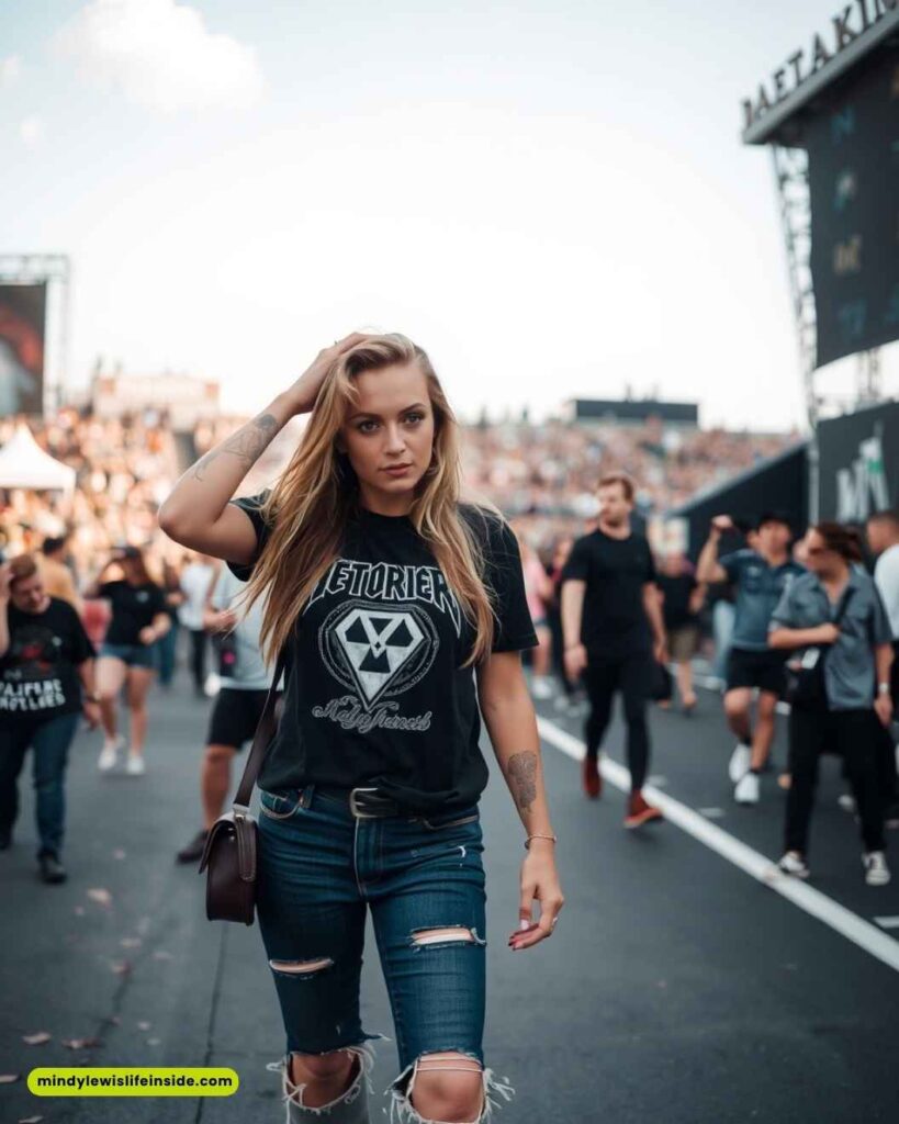A woman in ripped jeans and a black t-shirt walks confidently down a street, showcasing a casual metal concert outfit.