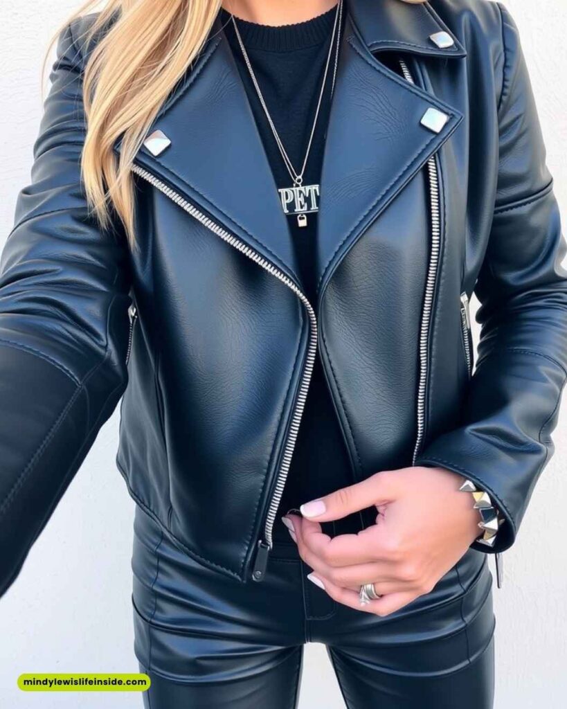 A woman in a black leather jacket and pants, showcasing a stylish outfit for a metal concert.