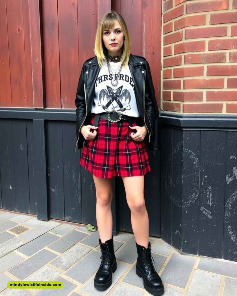 A person in a black leather jacket, graphic tee, and red plaid skirt stands confidently against a rustic brick and wood background, exuding a punk style.