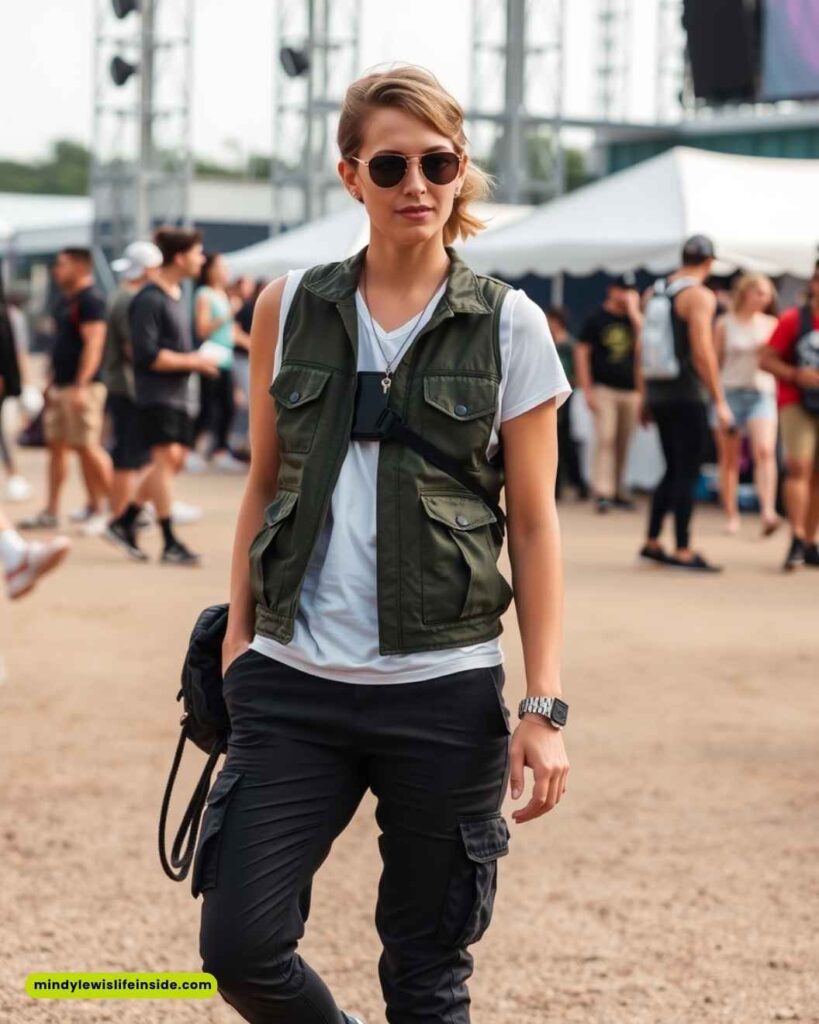A person in sunglasses and a green vest stands confidently at an outdoor event, wearing a white T-shirt and black cargo pants. Crowd in background.