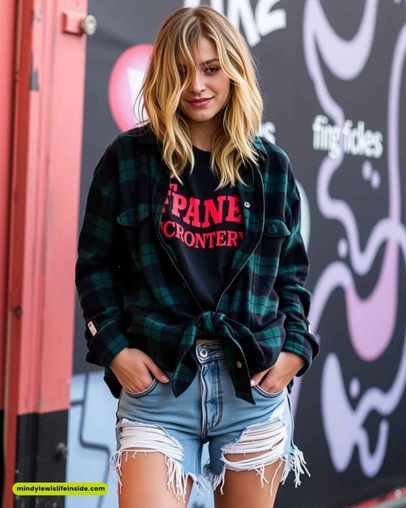 Young woman with blonde hair wearing a black and green plaid shirt over a graphic tee and ripped denim shorts, standing confidently against an urban mural backdrop.