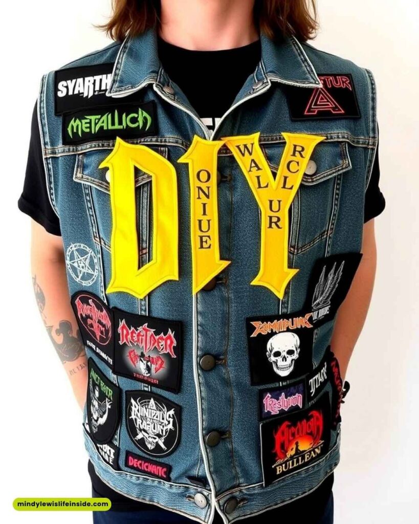 A person wears a blue denim vest adorned with metal band patches, including a large "DIY" in yellow. The vest has a rebellious, rock-inspired vibe.